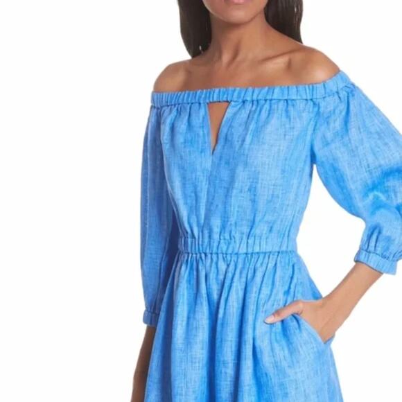 MILLY Off the Shoulder Blue Linen Dress Small - Picture 2 of 7